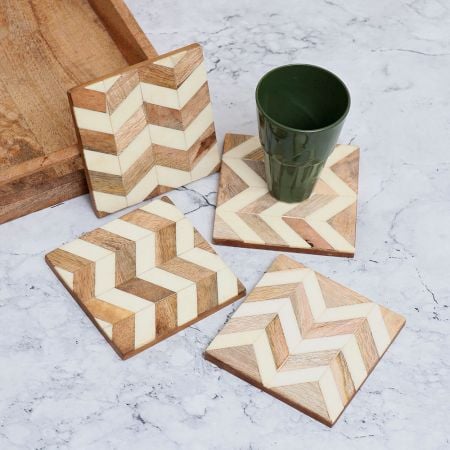White and Brown Wooden Tea Coasters - Pack of 4